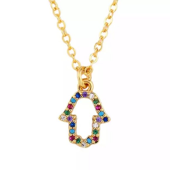 18K Gold Plated Hand Necklace | Colorful Cubic Zirconia - Picture 1 of 3